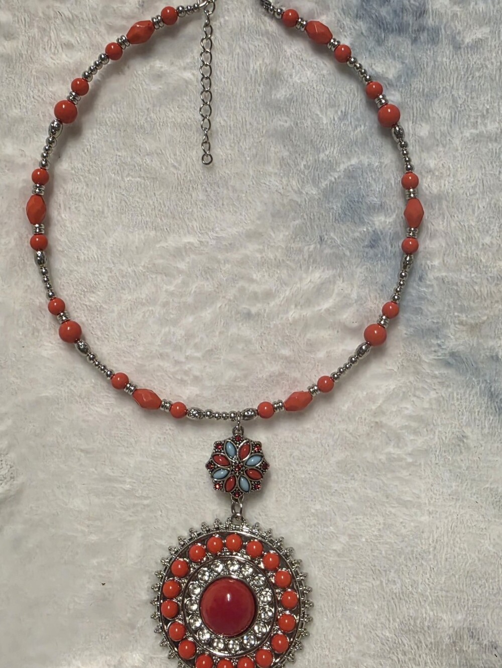 Women's Coral Bead Silver-Tone Pendant Snap Necklace